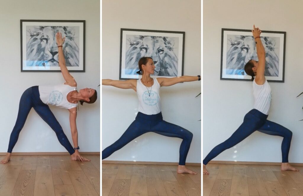 Dreifach-Aufnahme von Tanja Simek in stehenden Yogahaltungen